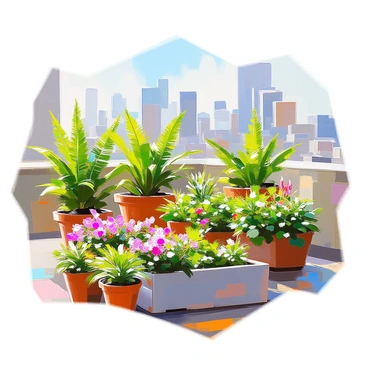 An urban rooftop garden filled with a variety of lush green plants and flowers, arranged in raised planters and pots. The scene features tall ferns, vibrant succulents, and fragrant herbs nestled among colorful blooms. In the background, the skyline of a city with modern buildings is visible, creating a striking contrast with the greenery. A gentle breeze rustles the leaves, and sunlight filters through, highlighting the plants that are known for purifying the air. The rooftop space is equipped with comfortable seating, inviting relaxation amid the greenery.