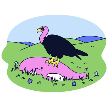A turkey vulture with dark feathers is perched on a partially decayed carcass in a grassy field. The vulture's wings are slightly spread, showcasing its large wingspan. The carcass is nestled among patches of green grass and scattered wildflowers. The background features gentle rolling hills under a clear blue sky.