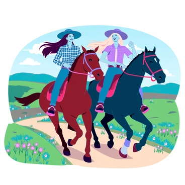 Two cowgirls with sun-kissed skin and broad-brimmed hats are riding side by side along a winding countryside trail. One cowgirl has long brown hair flowing in the breeze, while the other has braided blonde hair. Both are wearing denim jeans and plaid shirts. Their horses are sturdy, one a chestnut brown and the other a sleek black, trotting in sync. Surrounding them are green rolling hills dotted with wildflowers under a bright blue sky. They are laughing together, creating a joyful atmosphere as they ride through the vibrant landscape.