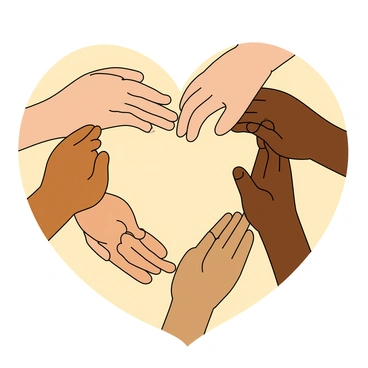 A collection of diverse hands in various skin tones forming a heart shape. The hands are different sizes, showcasing a range of ages, including adult and child hands. Each hand is positioned with fingers spread outward to emphasize the heart shape. The background is a soft gradient, enhancing the focus on the hands. The hands are gently overlapping, creating a sense of connection and warmth.