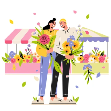 Two friends standing together at a busy flower market, surrounded by a variety of colorful flowers. One friend has a bouquet of bright red roses, while the other holds a mix of yellow sunflowers and purple irises. They are both smiling, showcasing their happiness. There are stalls in the background filled with flowers of different shapes and sizes, creating a lively atmosphere. Soft green leaves and colorful flower petals cascade around them, adding to the charm of the scene.