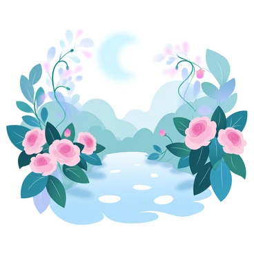 A garden at midnight illuminated by soft moonlight. The ground is covered in a delicate layer of dew. Shadows of rose vines stretch across the ground, creating intricate patterns. The roses are in full bloom, with vibrant colors contrasting against the darkness of the night. The foliage is lush, with various shades of green surrounding the flowers, adding depth to the scene. A gentle breeze rustles the leaves, enhancing the peaceful atmosphere of the garden.