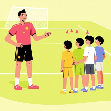 Cristiano Ronaldo standing on a grassy soccer field, wearing a red training jersey and black shorts. He is animatedly giving tactical instructions to a group of five young soccer players who are listening intently. The young players are wearing different colored jerseys: blue, green, yellow, and white. They are gathered around him, with expressions of focus and determination. In the background, there are soccer cones set up in various formations, and a goalpost is visible. The sun is shining brightly, casting clear shadows on the field.