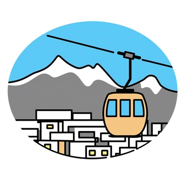 A bright orange Grenoble cable car suspended in the air, gliding over the city. Below, a landscape of buildings and streets is visible, showcasing the layout of the city. In the background, a range of majestic mountains rises, their peaks capped with snow. The sky is clear and blue, enhancing the vibrant colors of the scene.