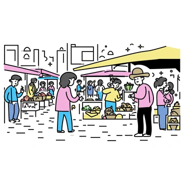 A lively Bethlehem marketplace filled with numerous vendors and shoppers. Colorful awnings provide shade over stalls displaying fresh fruits, vegetables, and handmade crafts. Shoppers of various ages engage in animated conversations while inspecting goods. A vendor with a straw hat is selling spices, while another stall features baskets overflowing with bread. The ground is paved with cobblestones, and small groups are gathered around tables enjoying local delicacies. Bright sunlight illuminates the scene, enhancing the vibrant colors of the market.