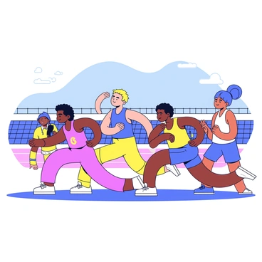 A diverse group of sprinters is gathered on a track, stretching and preparing for a big race. One sprinter with dark skin is performing lunges, while another with light skin is doing arm circles nearby. A third sprinter, with medium skin tone, is tying their shoelaces, focused and determined. The athletes are dressed in colorful athletic gear, including tank tops and shorts. In the background, a bright blue sky and distant bleachers can be seen, hinting at the energy of the upcoming event.