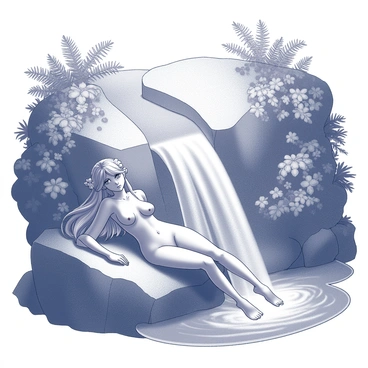 A naiade lounging gracefully near a sparkling waterfall surrounded by lush greenery
