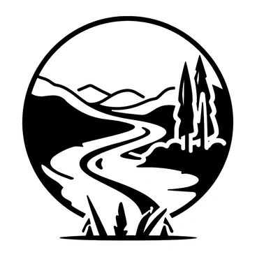A black ink drawing of a river winding through a countryside landscape with rolling hills and sparse trees on either side.