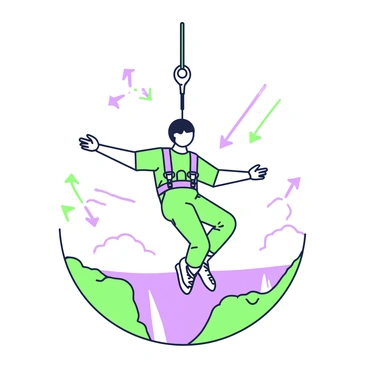 A bungee jumper is suspended mid-air, in a dynamic position with arms outstretched and legs bent. The jumper is wearing a bright-colored jumpsuit and a safety harness that is securely attached to a thick elastic cord. Above the jumper, arrows indicate the direction of gravitational pull pointing downward, while additional arrows illustrate elastic tension extending upward from the jumper. Below, a scenic view of a gorge or canyon is visible, creating a sense of height and thrill. The background features a clear sky, enhancing the dramatic effect of the jump.