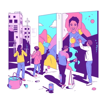A group of street artists is actively painting large-scale murals on tall urban walls. The artists are using various tools, such as spray cans and brushes, to apply vibrant colors to the surfaces. One artist is working on a mural featuring abstract shapes in bright hues, while another is painting a detailed portrait of a smiling child. The walls are covered with vivid designs, creating a lively atmosphere in the city. Passersby are stopping to observe the artwork being created, and some are taking pictures with their phones.