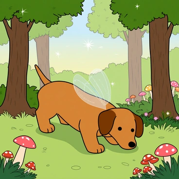 A small dachshund with a shiny brown coat and tiny, shimmering fairy wings fluttering from its back is exploring a vibrant forest. The dog has its ears perked up and a curious expression on its face as it sniffs the ground. Surrounding the dachshund are tall, lush green trees with thick trunks and a canopy of colorful flowers blooming at their bases. A few sparkling fireflies hover nearby, adding to the magical atmosphere of the scene. Sunlight streams through the leaves, casting playful shadows on the forest floor, while mushrooms in various shapes and sizes dot the landscape, creating an enchanting and whimsical environment.