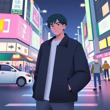 Ayanokoji is standing confidently on a bustling city street at night. He has short black hair and is wearing a stylish black jacket over a white shirt. The street is filled with people walking by, and vibrant neon lights from surrounding shops illuminate the scene in shades of pink, blue, and green. There are tall buildings in the background with large digital billboards displaying advertisements. The ground is wet, reflecting the colorful lights, and a couple of passing cars add to the urban atmosphere of the city.
