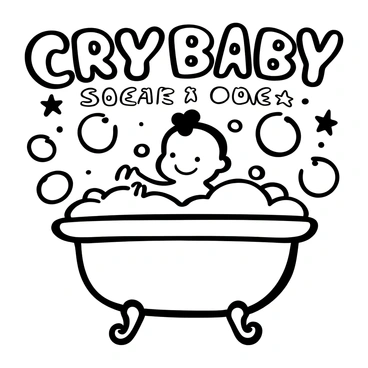 A retro sign featuring the words "Crybaby Soap" prominently displayed in bold lettering. Below the text, there is a cartoon baby sitting in a large tub filled with frothy bubbles. The baby has a playful pose, surrounded by more floating bubbles of various sizes. The background features decorative elements typical of vintage signage, such as stars and swirls, enhancing the nostalgic feel of the advertisement.