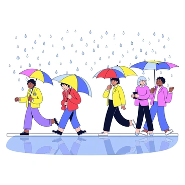 A city street on a rainy day with several people walking. Each person is holding a colorful umbrella in various shades of red, blue, and yellow. Raindrops are clearly visible as they bounce off puddles on the pavement, creating small splashes. The ground is reflective, showing the images of the umbrellas and the cloudy sky above. Some people are wearing raincoats, while others have their heads down to shield themselves from the rain.