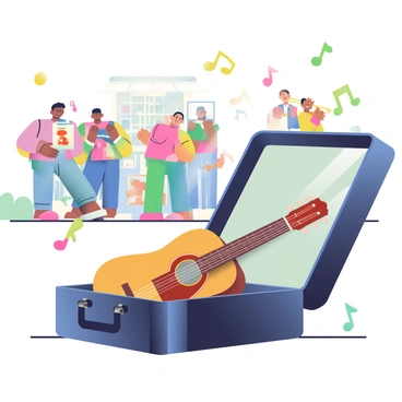 A black guitar case is open on the pavement, showcasing an acoustic guitar with a polished wooden finish nestled inside. Around the case, several colorful musical notes are floating in the air, creating a sense of rhythm and movement. In the background, a lively street performance is taking place, with a diverse group of musicians playing various instruments, including a trumpet and a violin. The scene is filled with a vibrant atmosphere as spectators gather to enjoy the music, some clapping to the beat. Nearby, a street vendor is selling snacks, adding to the lively ambiance.