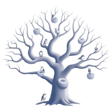 A tree with a thick trunk and numerous branches extending outward. The branches twist and curve, intricately forming a pattern reminiscent of a spiral galaxy. Various birds are nesting within the branches, each with distinct features, some with open beaks and others sitting quietly. The tree is depicted with detailed bark texture, and the nests are visible, crafted from twigs and leaves, with some birds perched nearby. The overall composition conveys a sense of harmony between the tree and the birds.