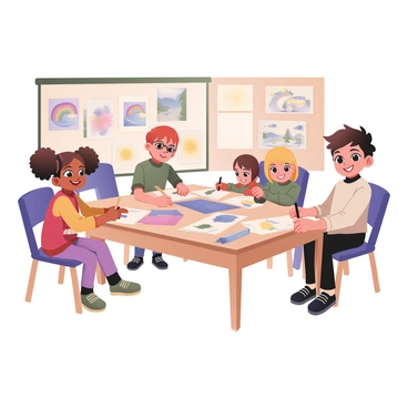 A digital flat illustration depicting a classroom filled with children engaged in an art class. There are four kids seated at a table covered with various colored papers and a box of crayons. On the left, a girl with curly brown hair and glasses is drawing a bright sun with a yellow crayon. Next to her, a boy with short black hair is sketching a blue ocean scene. In the center, another girl with straight blonde hair is creating a colorful rainbow. To the right, a boy with messy red hair is using a green crayon to draw trees. The walls of the classroom are adorned with colorful art made by the children, and there is a window letting in cheerful sunlight. The kids are smiling and focused on their artwork.