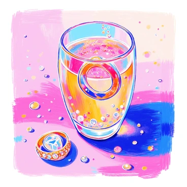An elegant flute of sparkling champagne is filled with bubbly liquid, reflecting the light in various shimmering shades. Within the glass, an "engagement ring" is submerged, featuring a prominent oval diamond center stone with intricate detailing on the band. The champagne has tiny bubbles rising to the surface, adding to the effervescent effect. The background is softly blurred, emphasizing the beauty of the ring and the sparkling drink.
