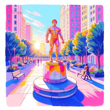 A gleaming bronze statue is prominently positioned in a public plaza. The statue depicts a heroic figure with intricate details, showcasing muscular features and a confident pose. The late afternoon sun casts warm, golden light on the statue, emphasizing its shiny surface and creating reflections. Surrounding the statue, there are neatly arranged stone benches and well-maintained flowerbeds with blooming flowers. In the background, tall buildings frame the plaza, and a few people can be seen strolling leisurely, enjoying the evening atmosphere.