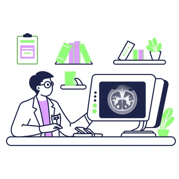 A doctor is sitting at a desk in a bright clinic, focused on analyzing a patient's MRI scan displayed on a computer screen. The doctor has glasses and is wearing a white coat with a stethoscope around their neck. The computer screen shows a detailed MRI image with various shades and patterns. Next to the computer, there is a clipboard with patient notes and a pen. In the background, there are shelves with medical books and plants, providing additional detail to the bright clinic environment.