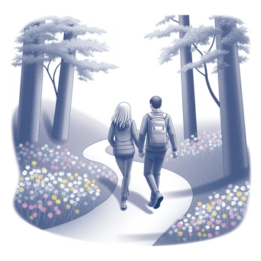 A couple walking closely together along a winding forest trail. The path is bordered by various wildflowers, creating a natural frame of floral colors. The couple is dressed in outdoor gear, with one person holding a small backpack. They are surrounded by tall trees with abundant foliage, casting dappled shadows on the ground. The trail gently curves, leading deeper into the forest, inviting exploration and adventure.