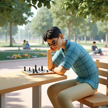 A chess player, wearing round glasses, is sitting at a wooden table in a park. He has short black hair and is dressed in a blue plaid shirt and khaki pants. The chessboard in front of him is set up with pieces in various positions. He is leaning forward, resting his chin on his hand, deep in thought, with a focused expression on his face. Sunlight filters through the green leaves of nearby trees, casting dappled shadows on the table. A few people can be seen in the background enjoying the park, and colorful flowers bloom along the pathways.
