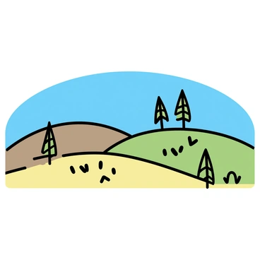 A landscape featuring rolling hills, each hill formed by various beans. The hills are colored in shades of green, brown, and yellow, mimicking the different types of beans. Trees are represented as tall, slender green beans, standing at various intervals across the landscape. The sky above is clear and blue, creating a contrast with the earthy tones below. There are scattered patches of smaller beans, resembling bushes, interspersed among the hills.