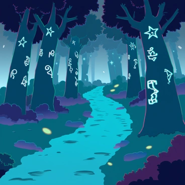 A winding forest path with lush, green foliage on either side. The ground is covered in soft, mossy undergrowth, and the trees tower above, their trunks adorned with intricate, strange carvings depicting mystical symbols and creatures. Glowing fireflies float gently through the air, illuminating the scene with their soft, yellow light. The night sky peeks through the canopy, adding depth to the atmosphere as the path curves out of sight. The air is filled with a sense of mystery and wonder.