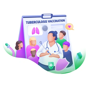 An illustrated poster featuring the phrase "The Importance of Tuberculosis Vaccination" in bold, clear letters at the top. The background includes a large, stylized image of a medical professional holding a syringe, symbolizing vaccination. Surrounding this central figure are diverse individuals of different ages and ethnicities, all displaying positive expressions. In one corner, there is a simple graphic of a lung, highlighting the impact of tuberculosis. At the bottom of the poster, there are icons representing health and wellness, such as a heart, a stethoscope, and a shield, conveying protection and care. The overall color palette consists of calming pastels, creating an inviting and informative atmosphere.