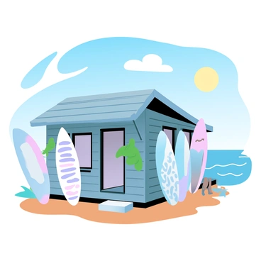 A rustic surf shack made of weathered wood sits on a sandy beach. The shack has a slanted roof and a small porch with a few hanging plants. A variety of colorful surfboards are leaning against the side of the shack, showcasing different designs and patterns. The sun is shining brightly in the clear blue sky, casting warm light over the scene. Gentle waves can be seen in the distance, creating a vibrant atmosphere.