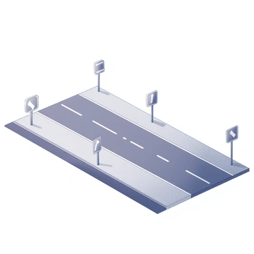 A road with multiple lanes extending in both directions. The left side features a single lane, while the right side has three lanes, creating an improper fraction representation of four over one. The road surface is clearly marked with lane dividers, and there are dotted lines indicating merging zones. Various road signs are visible along the sides, and the scene is set under a clear sky.