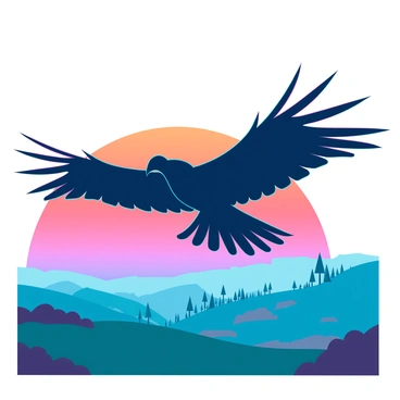 A thunderbird silhouetted against a colorful sunrise, gliding over a peaceful valley