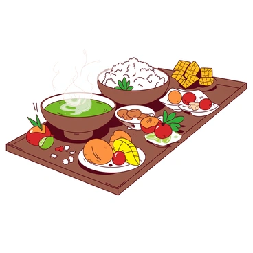 A vibrant spread of a traditional Thai buffet is displayed on a long wooden table. At the center, a large bowl of green curry simmers, showcasing its rich texture and color. Beside it, a fragrant pile of fluffy jasmine rice is neatly arranged on a white plate, ready to be served. Surrounding these main dishes, an assortment of tropical fruits is elegantly presented. There are bright orange slices of mango, deep red lychees, and sunny yellow pieces of pineapple. Each fruit is cut neatly, adding a burst of color to the buffet. Decorative garnishes like fresh green herbs and lime wedges are placed around the dishes, enhancing the visual appeal.