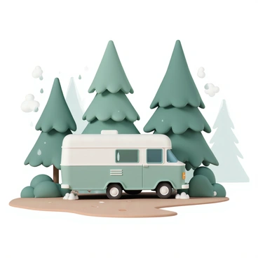 An RV, painted in a soft green color, is parked on a dirt path surrounded by tall, lush trees with vibrant green leaves. The ground is slightly muddy from the gentle rain, which creates small puddles nearby. Raindrops can be seen gently hitting the RV's roof, with a few splashing around the base of the vehicle. Mist is rising from the wet ground, enveloping the lower parts of the forest in a delicate haze. The atmosphere is tranquil, with the earthy scent of rain and damp wood filling the air.