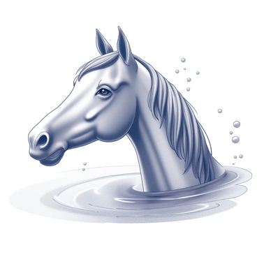 A horse head partially submerged in water. The mane flows gracefully, mimicking the movement of underwater currents, with strands elegantly drifting in various directions. Tiny bubbles rise around the horse's head, creating a sense of depth and movement. The horse's eye appears calm and focused, while its nostrils are slightly flared, indicating a natural response to the water environment. The background shows a faint suggestion of rippling water, enhancing the underwater effect.