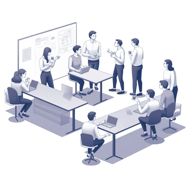 A spacious coworking area filled with a variety of individuals engaged in different activities. Several people are seated at long shared tables, typing on laptops and discussing ideas in animated conversations. A woman is standing beside a high table, holding a cup of coffee while talking to a group of three colleagues. Nearby, a man is pacing back and forth on a phone call, gesturing with his hands passionately. In one corner, a small group is collaborating over a large whiteboard filled with notes and diagrams. The atmosphere is dynamic with a mix of focused work and lively discussions throughout the space.