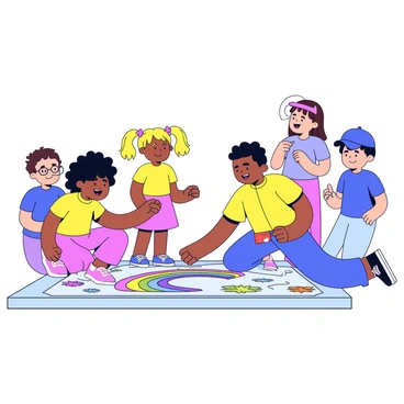 A group of four children is gathered around an artist, all looking eagerly at the scene. The children include a boy with curly black hair wearing a bright yellow shirt, a girl with pigtails in a pink dress, and two other kids, one with glasses and the other with a baseball cap. The artist is kneeling on the ground, using colorful chalks to draw a vibrant mural on the sidewalk. The mural features a large rainbow, colorful flowers, and abstract shapes. The artist has a focused expression while the children point and smile, clearly excited by the creative process.
