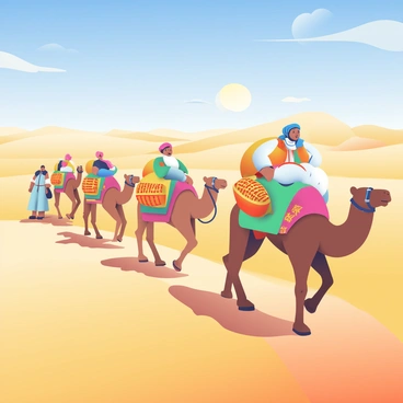 A bustling merchant caravan is traversing a vast desert landscape. The caravan consists of several camels, each adorned with colorful blankets and carrying large, intricately woven baskets. The camels are moving in a single file, their shadows stretching across the golden sand dunes. In the foreground, a merchant with sun-kissed skin is riding on one of the camels, wearing a flowing white tunic and a blue turban. Surrounding him are other merchants, some walking beside the camels and others guiding their animals. The sky above is a bright blue with a few wispy clouds, and the sun casts a warm glow over the scene. In the distance, a mirage shimmers above the horizon, hinting at an oasis.