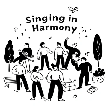 A diverse group of people is standing in a circle, engaged in singing together, with musical notes emanating from their position. They are dressed in various styles of clothing, representing different cultures and backgrounds. Surrounding them are trees, a grassy area, and park benches. Some individuals are holding musical instruments, like a guitar and a tambourine. In the background, there are a few birds flying above and a picnic blanket laid out with food items. Words "Singing in Harmony" are displayed prominently above the group.
