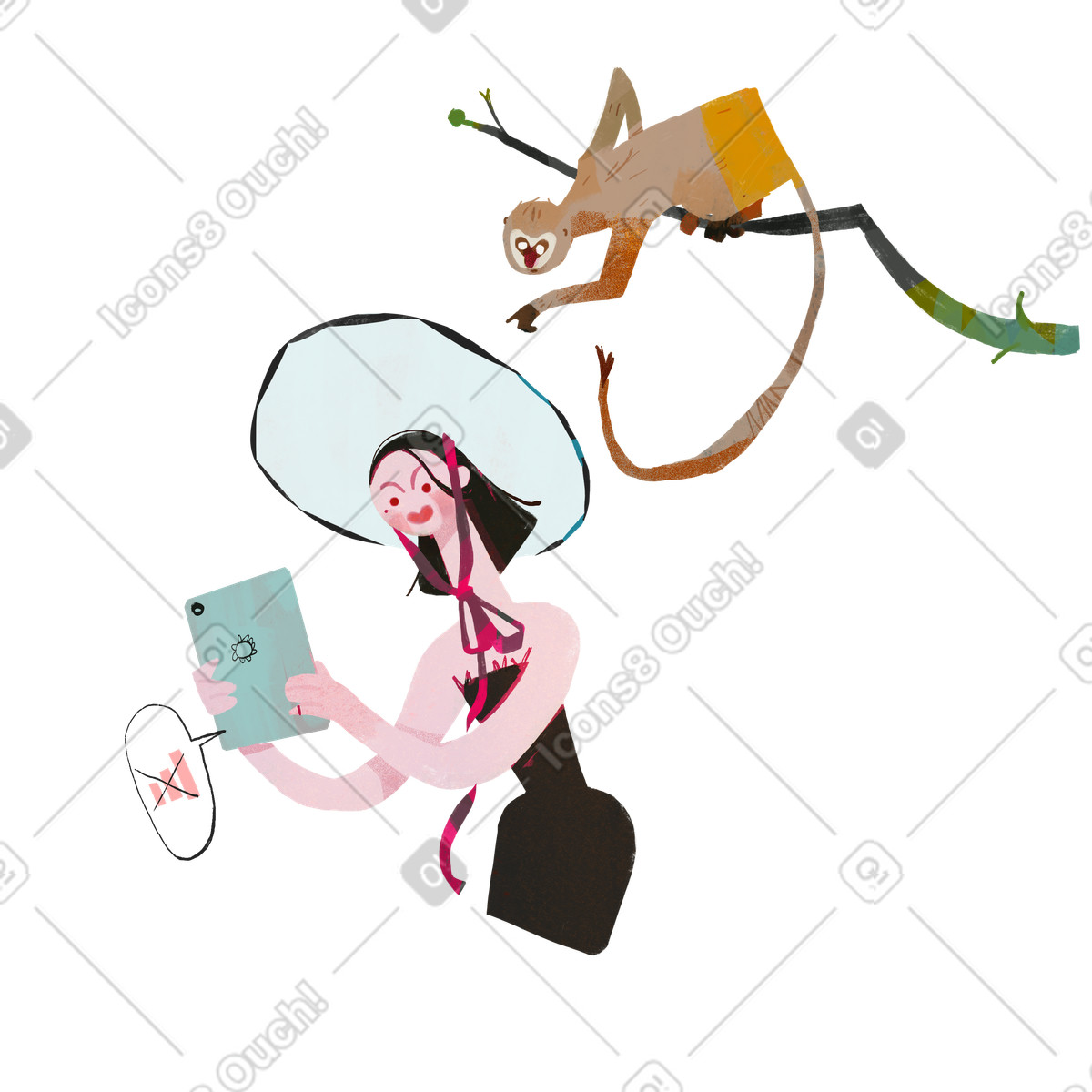 Ilustração de Tourist holding tablet with lost signal icon, Connectivity issues or no connection em estilo Fabulous para baixar em PNG, SVG