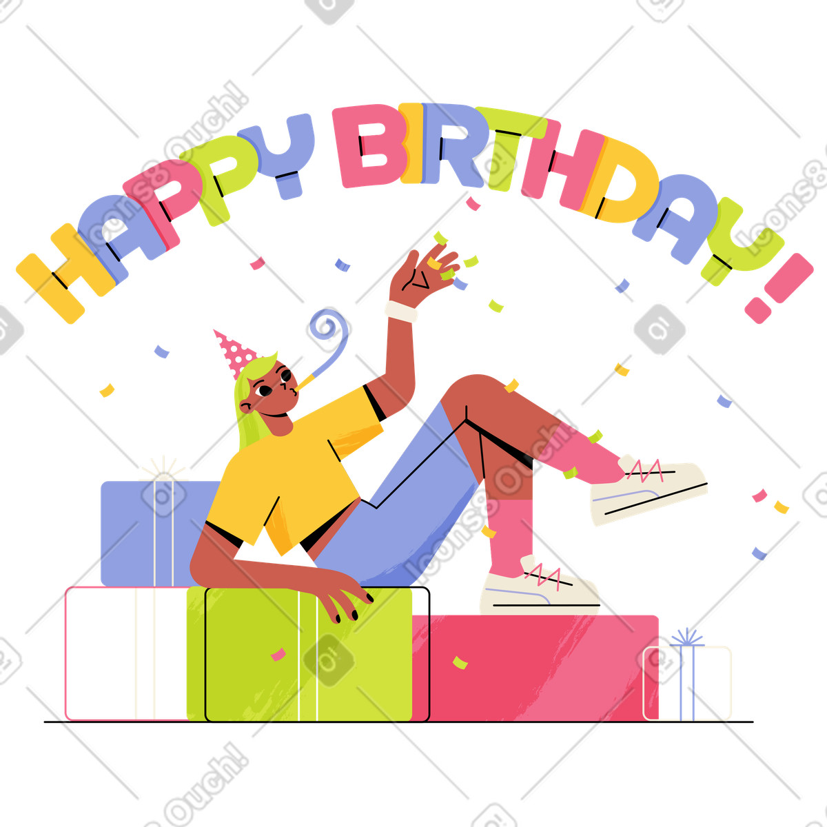 Blowing party horn on stacked gift boxes, Cheerful birthday celebration or greeting card illustration in Juicy style download in PNG, SVG