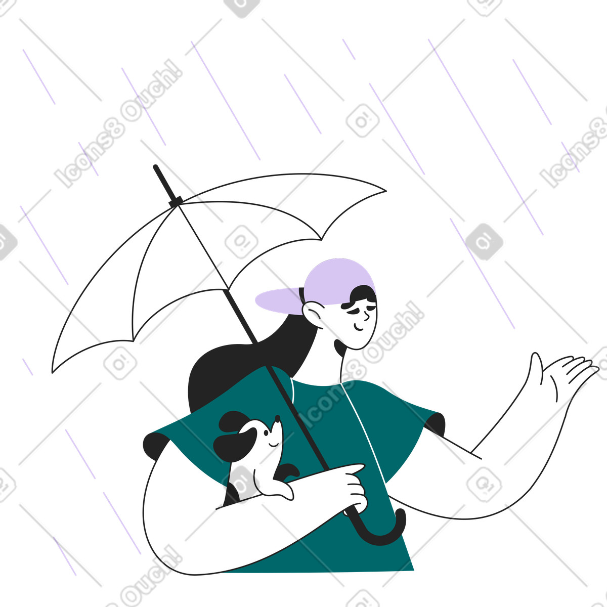 Pet owner and dog under umbrella in rain, rainy day walk illustration Sammy Line style download PNG, SVG