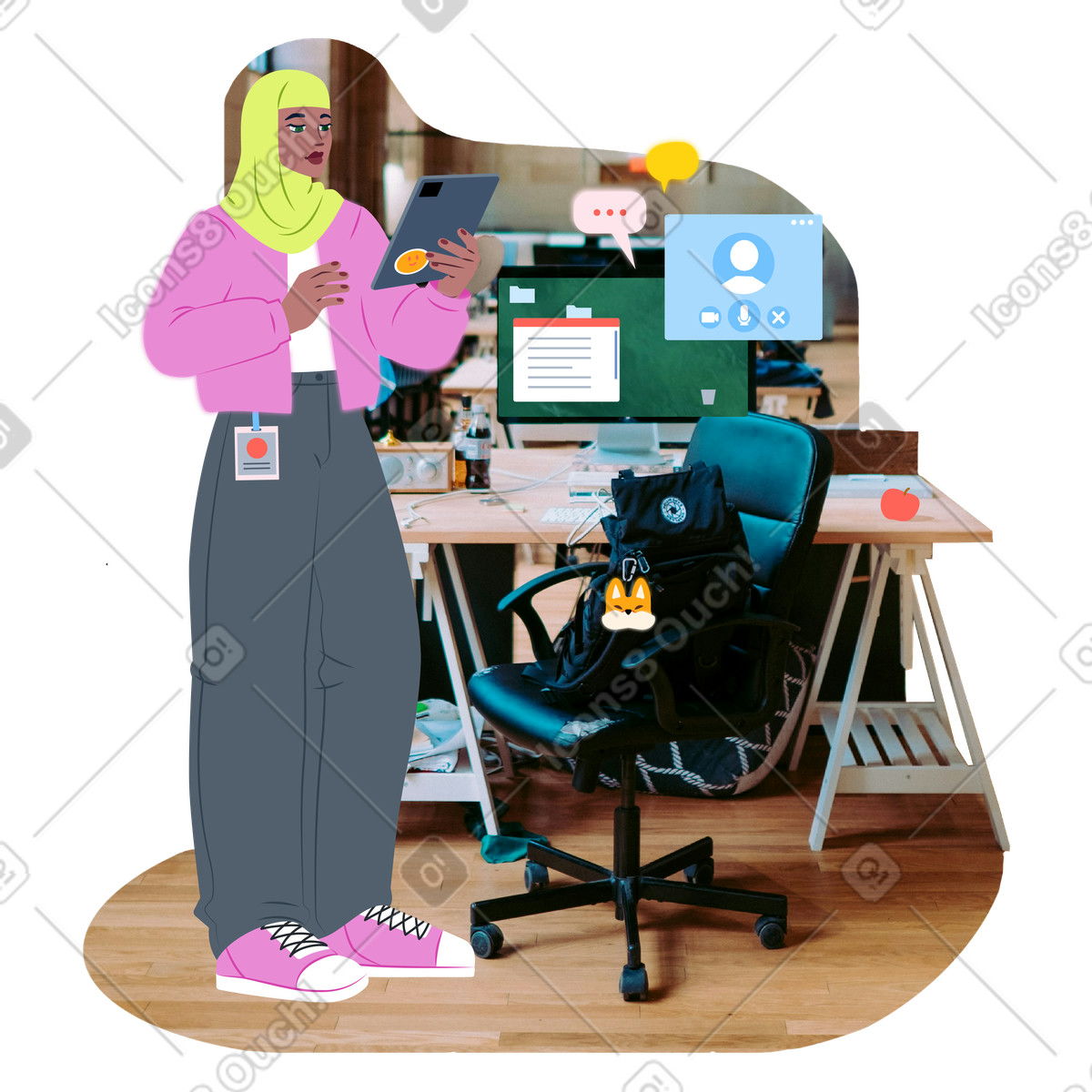 Female office worker using tablet at work desk illustration in Everyday style download in PNG, SVG