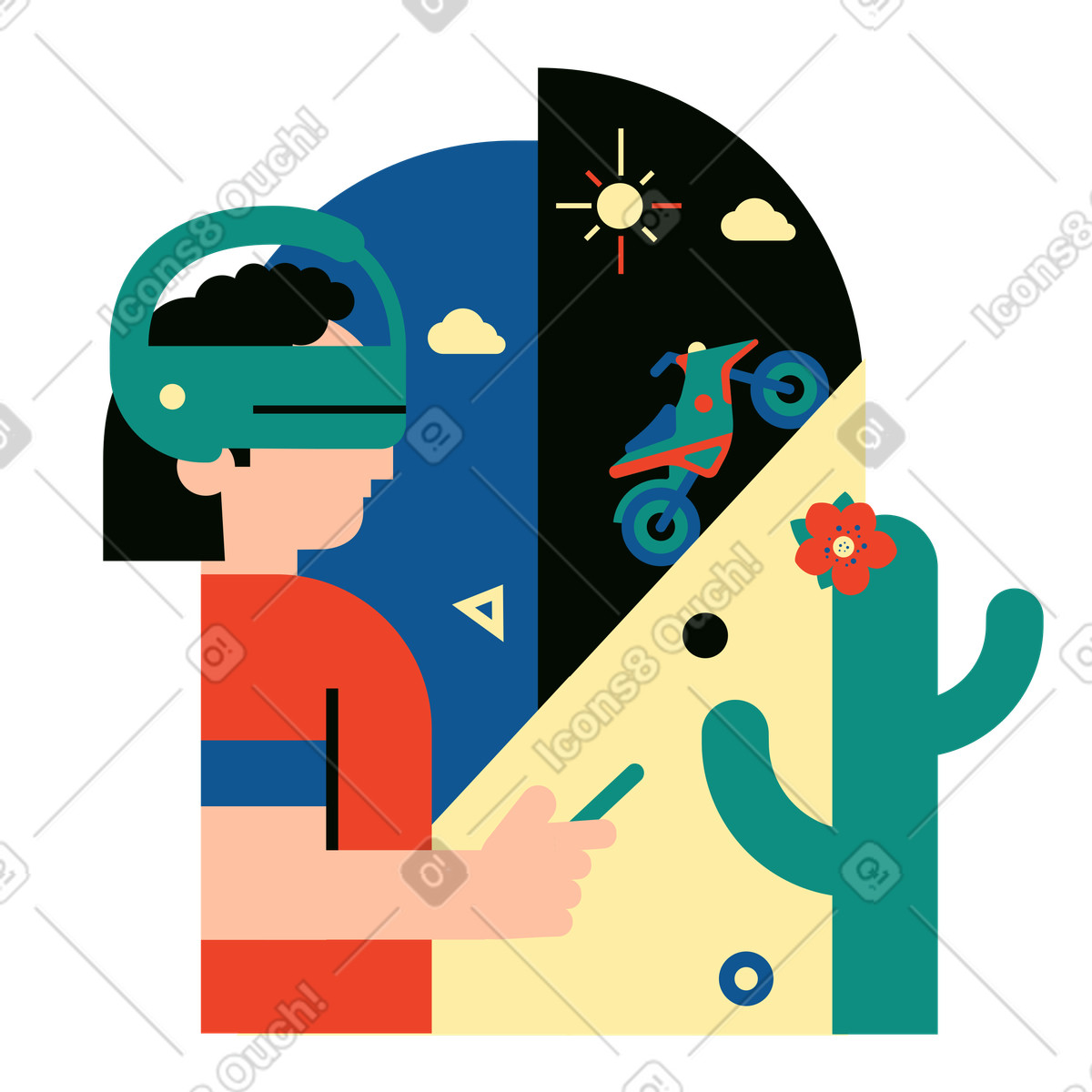 모터크로스 트랙에서 vr 헤드셋을 착용한 남자 animated illustration in Polar style download in GIF, Lottie (JSON), AE