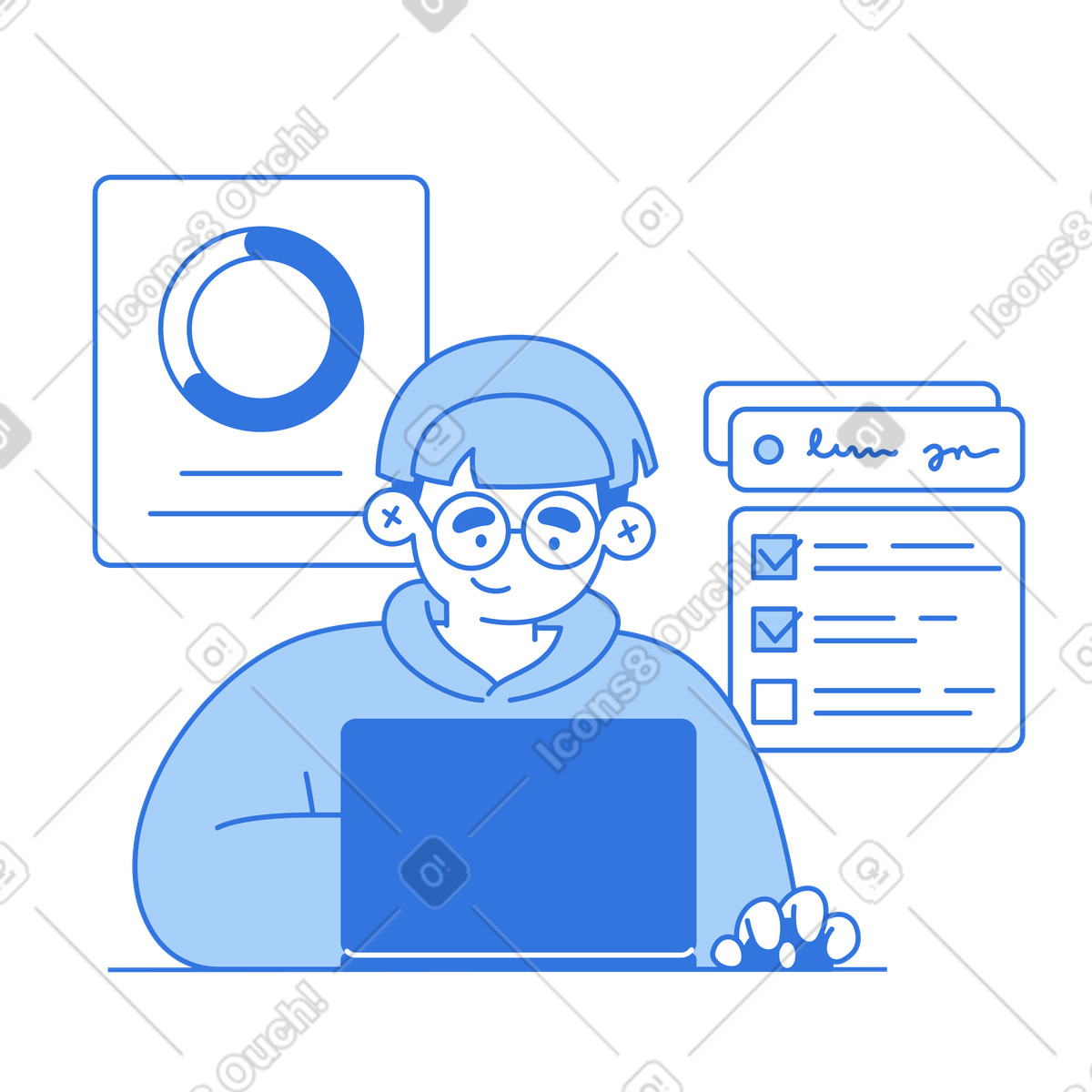 Worker finishing assignments on laptop, Productivity and task management animated illustration in Sky style download in GIF, Lottie (JSON), AE