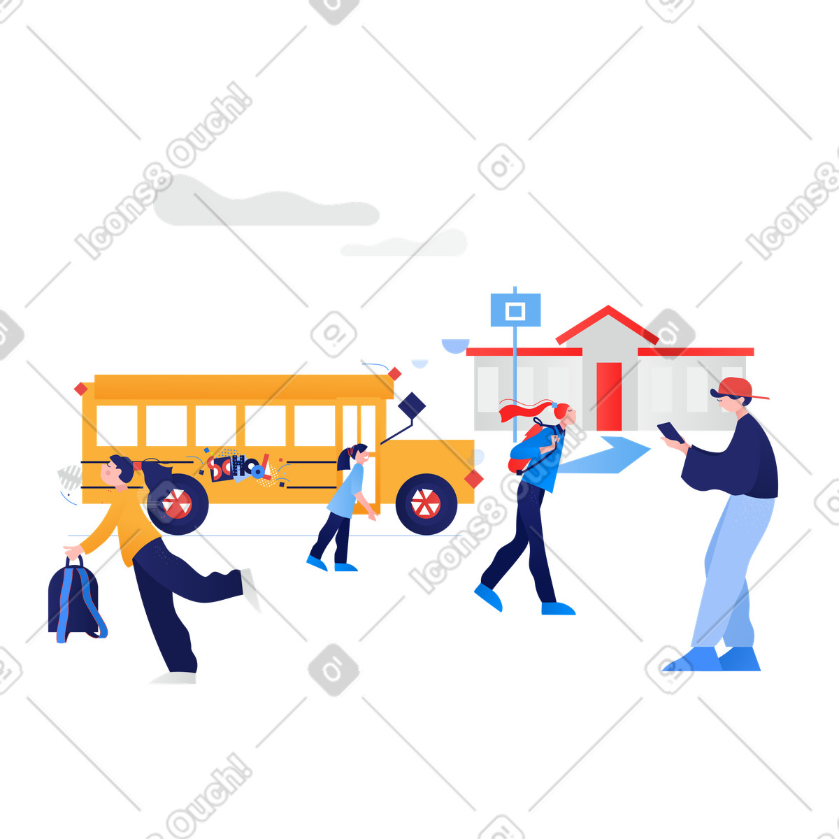 Ilustração de Crianças passeando perto um ônibus na escola em no estilo Clip para baixar em PNG, SVG