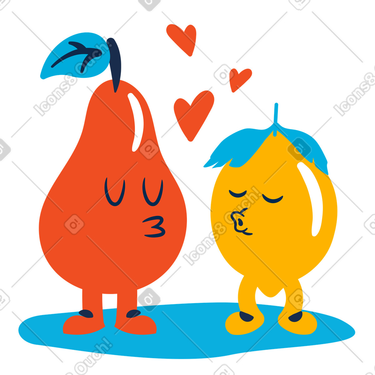 下载 Flame 风格的 梨和柠檬的角色正在接吻 插画，支持 PNG、SVG 格式