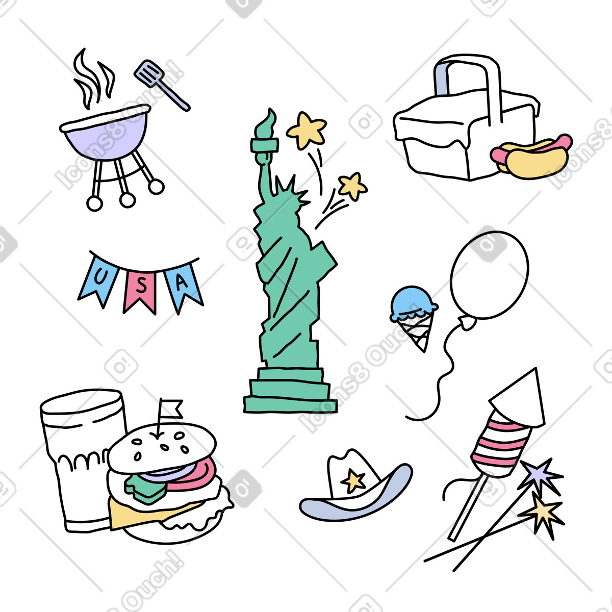 Giorno dell'indipendenza con i simboli degli stati uniti illustrazione in stile Notes scarica in PNG, SVG
