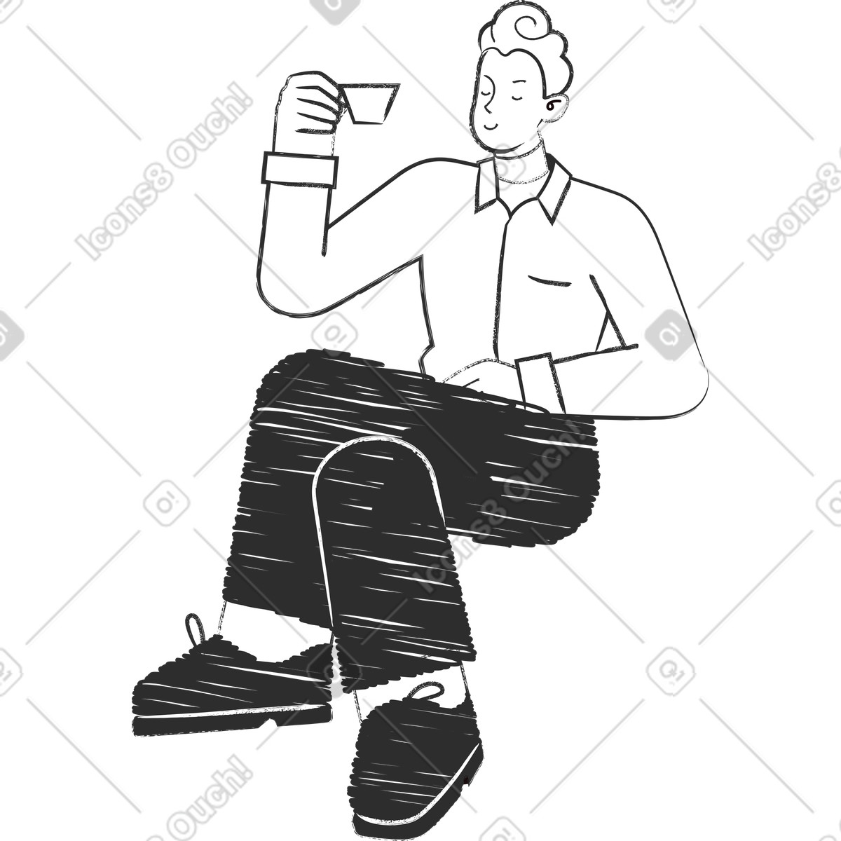Glücklicher mann sitzt mit einer tasse tee-Illustration im Graphite-Stil als Download in PNG, SVG