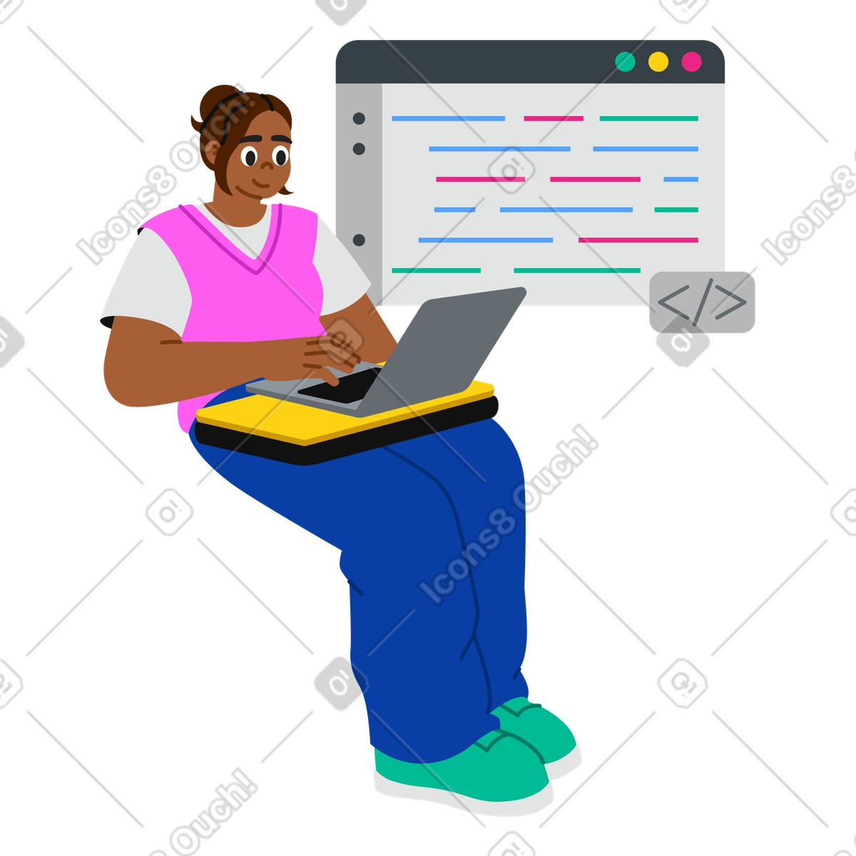 Illustration animée Jeune femme programmant sur un ordinateur portable dans le style Active à télécharger aux formats GIF, Lottie (JSON), AE